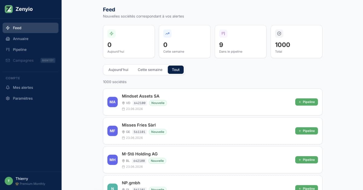 Zenyio Dashboard — Feed mit neuen Unternehmen